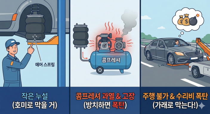 정비사가 에어쇼바 누설 부위를 점검하는 모습