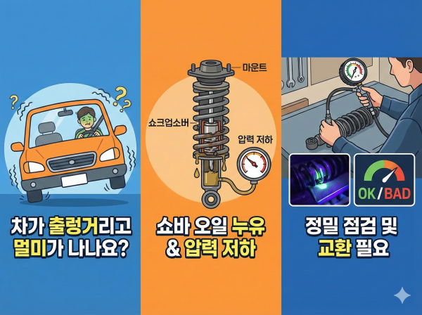 정비 리프트에 올려진 자동차의 서스펜션 모습