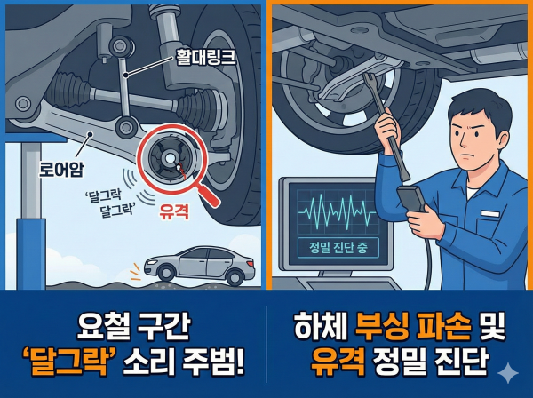정비사가 자동차 로어암 부싱을 점검하는 모습