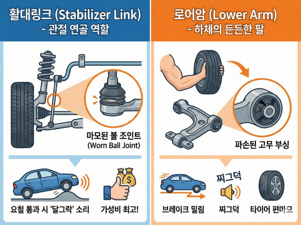 로어암과 연결된 하체 부품들의 모습