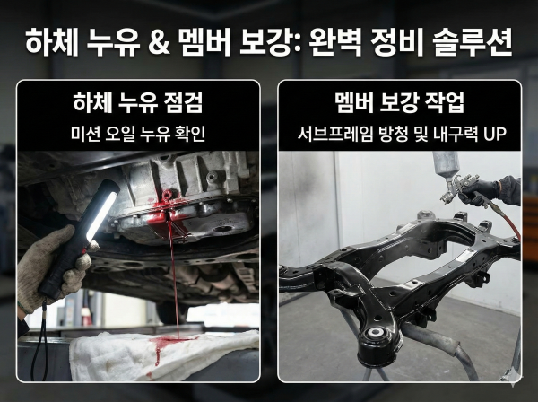 자동차 하체에 오일이 누유되어 흥건한 모습