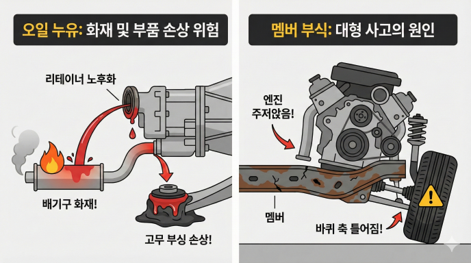 녹이 슬어 부식된 자동차 하부 프레임의 모습